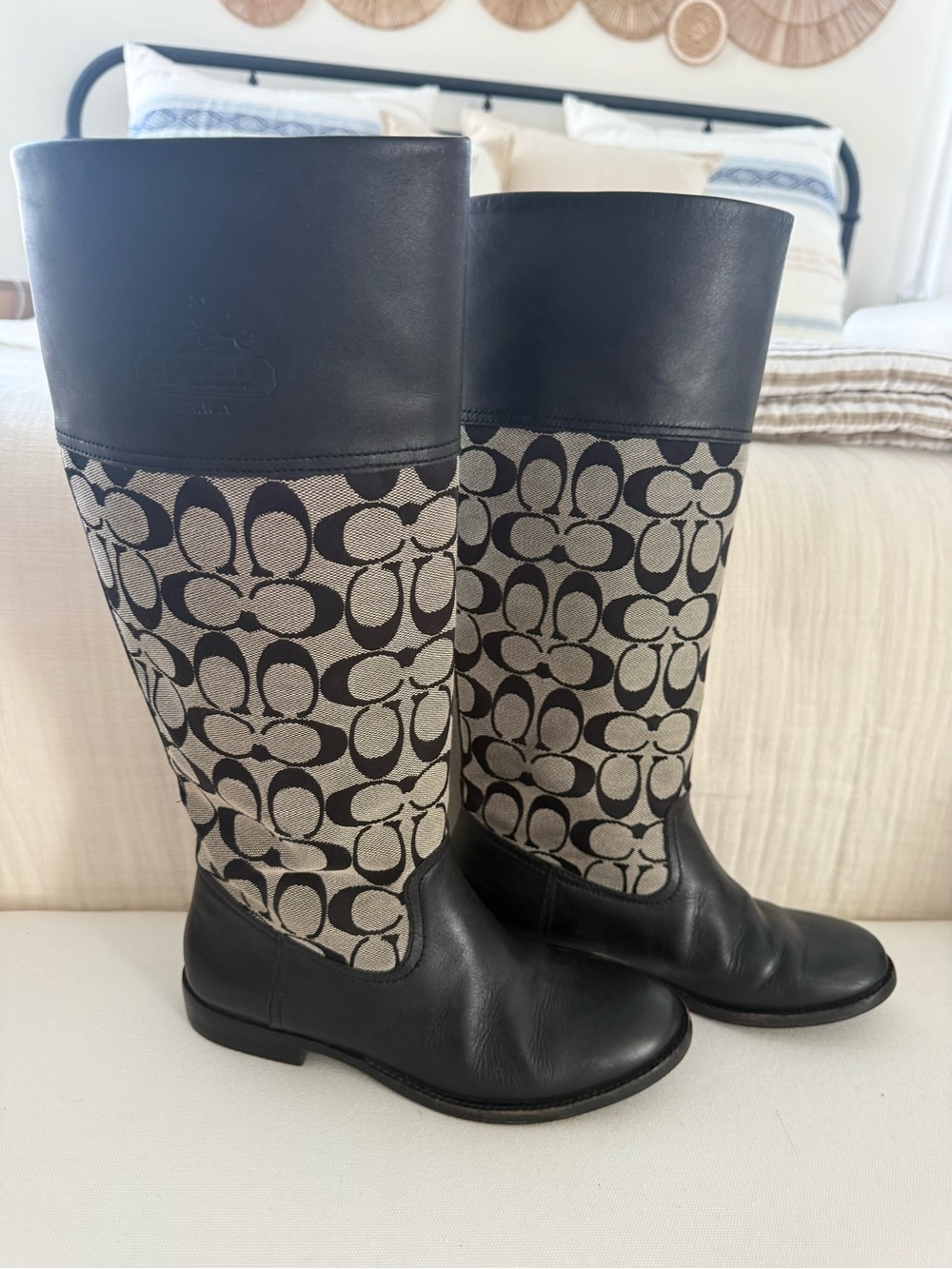 Coach Black Leather & Grey Signature Canvas Knee Boots
